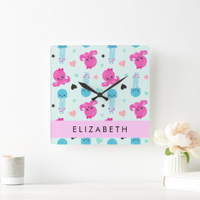 Horloge Carrée Animaux de mer, poulpe, méduse, Coeurs, Votre nom (Maison)
