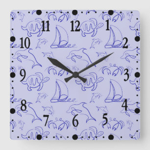 Horloge Carrée Animaux marins et voilier motif de dessin à une li