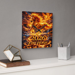 Horloge Carrée Année du Cheval de Feu 2026