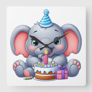 Horloge Carrée Anniversaire 1 an Éléphant Bébé