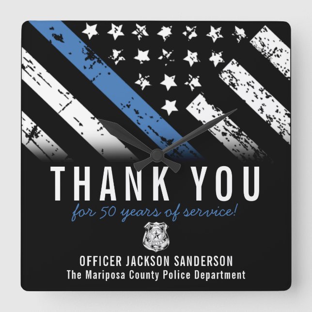 Horloge Carrée Anniversaire de la retraite de la police Ligne ble (Recto)