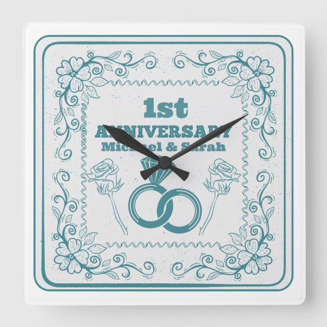 Horloge Carrée Anniversaire de mariage floral personnalisable ann (Recto)