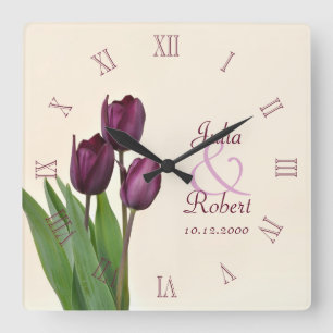 Horloge Carrée Anniversaire des tulipes violettes
