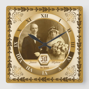 Horloge Carrée Anniversaire du Mariage d'or Ornat photo personnal