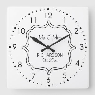 Horloge Carrée Anniversaire du Mariage noir et blanc