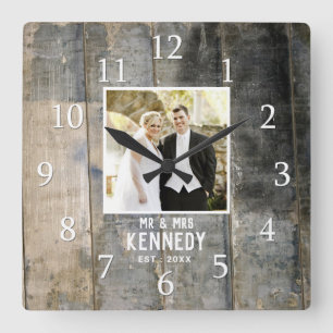 Horloge Carrée Anniversaire du Mariage rustique Photo Sardé Bois