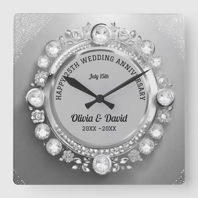 Horloge Carrée Anniversaire du Mariage Sparkle Silver Diamonds (Recto)