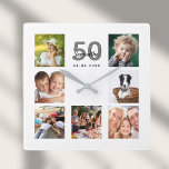 Horloge Carrée Anniversaire personnalisé famille photo collage ja<br><div class="desc">Une horloge murale en cadeau pour un 50e anniversaire (ou tout âge) pour une femme, célébrant sa vie avec un collage de 7 de vos photos. Personnalisez et ajoutez un nom, 50 ans et une date. Date de naissance ou date d'anniversaire. Lettres noires et grises. Un arrière - plan blanc...</div>