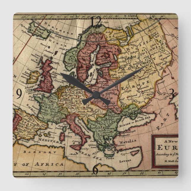 Horloge Carrée Antiquarian 1721 Map of Europe by Herman Moll (Recto)