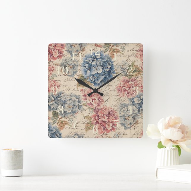 Horloge Carrée Antique Bleu et Rose Hydrangea Éphémère Script  (Maison)