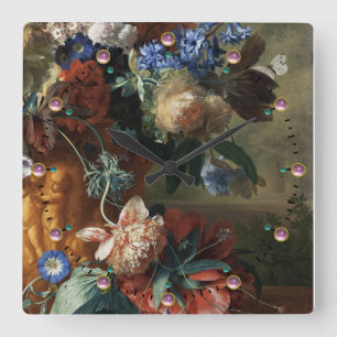 HORLOGE CARRÉE ANTIQUE FLORAL, PINK RED ANEMONES WHITE FLOWERS