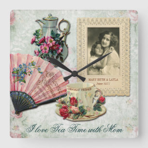 Horloge Carrée Antique Ornate Floral Cup Teapot Fan Lace Frame