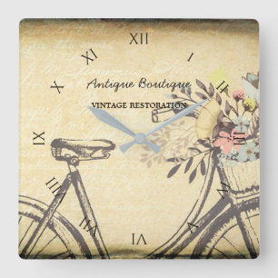 Horloge Carrée Antique Shop Vintage Floral Bicycle