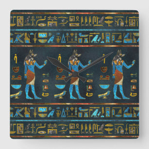 Horloge Carrée Anubis Egyptian Gold, Blue and Red glass