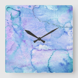 Horloge Carrée 'Août' violet et aquarelle bleue