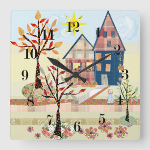 Horloge Carrée Applique, maisons, village
