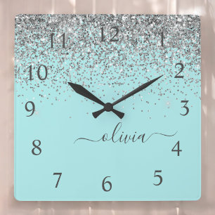 Horloge Carrée Aqua bleu Turquoise Parties scintillant argent Mon