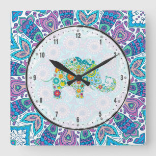 Horloge Carrée Aqua Blue Floral Lace & Colorful Elephant