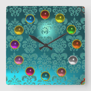HORLOGE CARRÉE AQUA BLUE TEAL DAMASK ET COLORFUL 3D GEM STONES