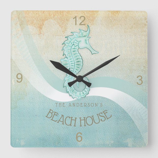 Horloge Carrée Aqua ID623 bleu d'hippocampe de Chambre de plage (Recto)