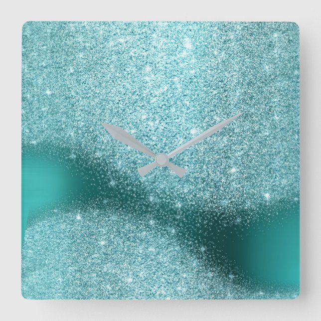 Horloge Carrée Aqua Parties scintillant Turquoise en verre métall (Recto)
