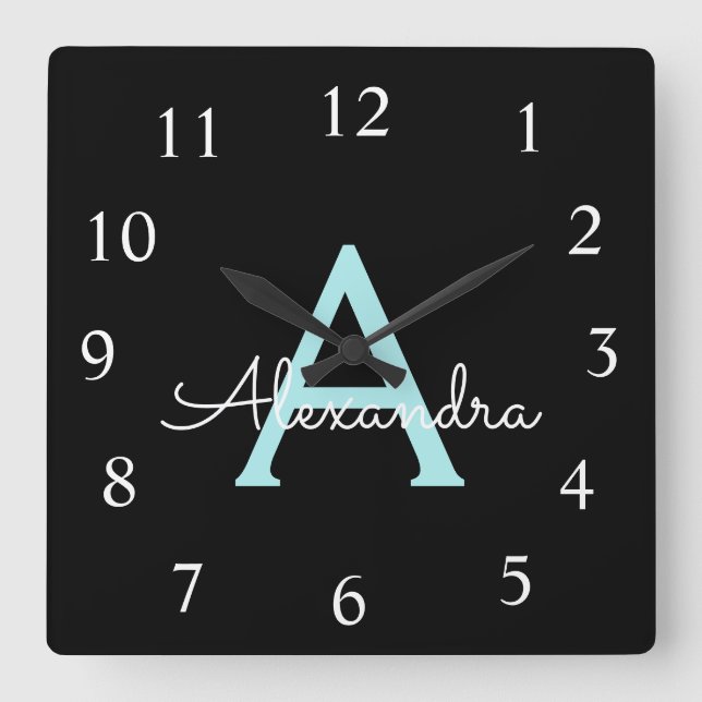 Horloge Carrée Aqua Teal Blue Script Girly Monogram (Recto)