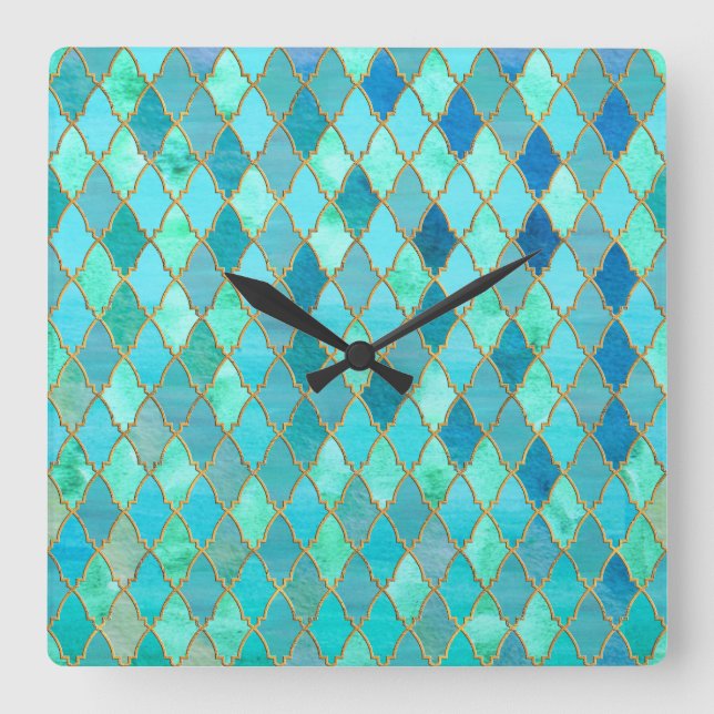 Horloge Carrée Aqua Turquoise Mint Gold Oriental Marocain Carrela (Recto)