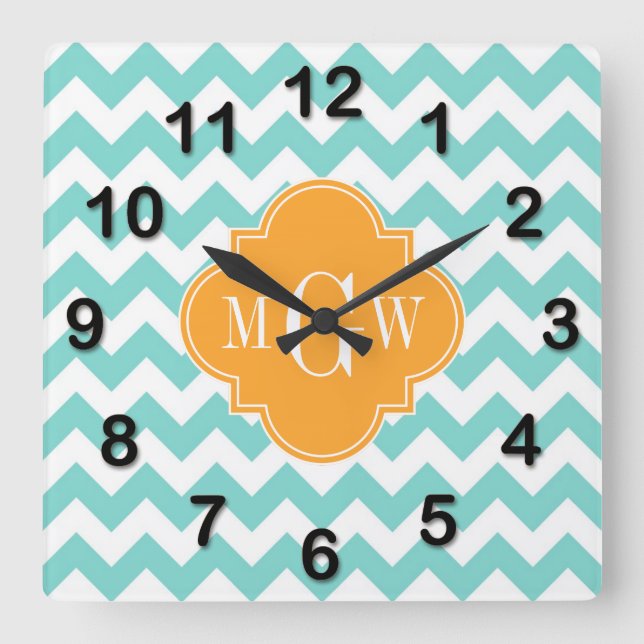 Horloge Carrée Aqua Wht Chevron Cantaloupe Quatrefoil (Recto)