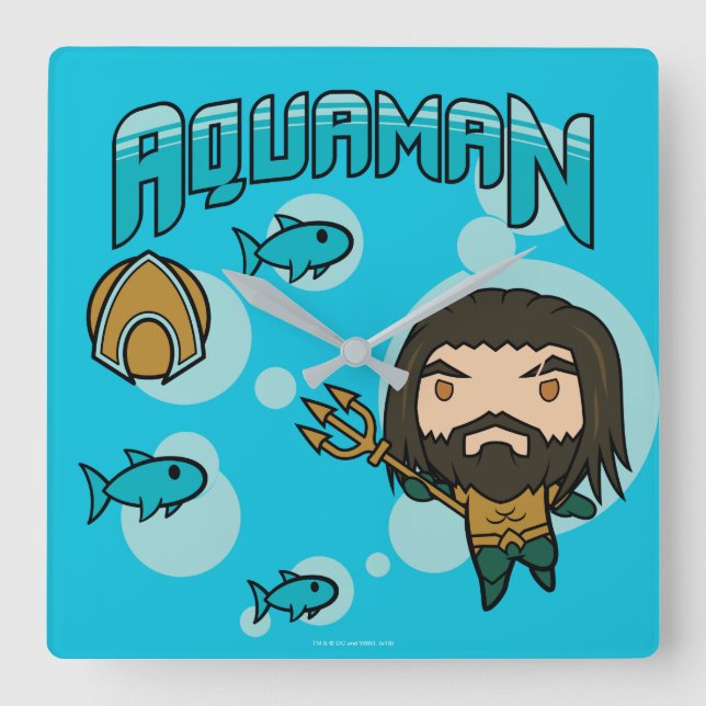 Horloge Carrée Aquaman | Chibi Aquaman Graphisme sous-marin (Recto)