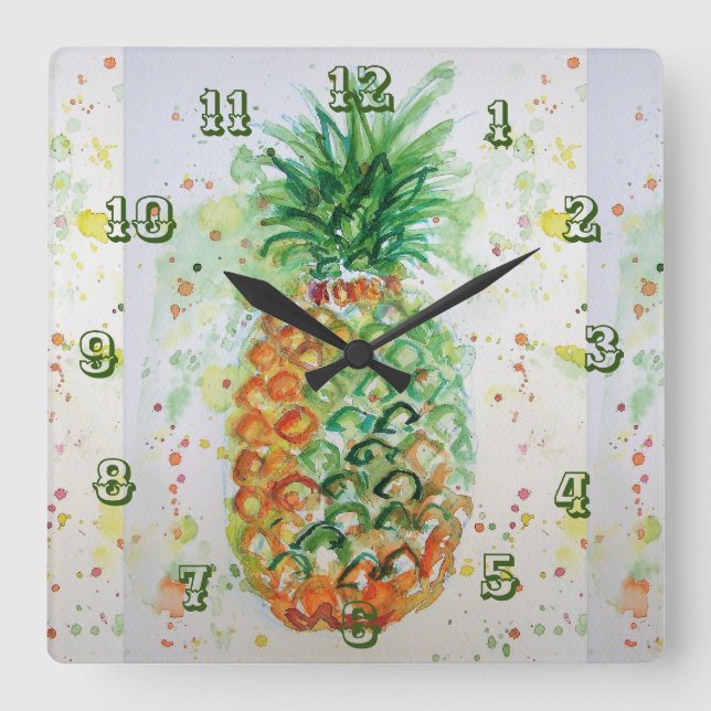 Horloge Carrée Aquarelle à fruits tropicaux de la chaux d'ananas (Recto)