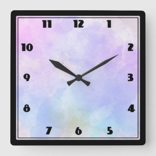 Horloge Carrée Aquarelle Abstraite bleu violet élégant