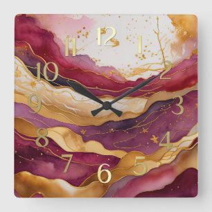 Horloge Carrée Aquarelle Abstraite peinture de paysage or