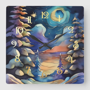 Horloge Carrée Aquarelle Abstraite scène d'hiver Noël