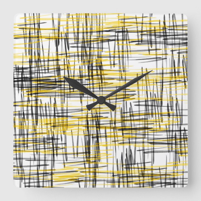 Horloge Carrée Aquarelle Abstraite 'Yellow Grey Black Scribbles' (Recto)