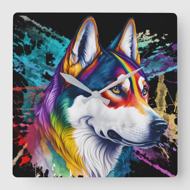 Horloge Carrée Aquarelle arc-en-ciel Sibérienne Husky (Recto)