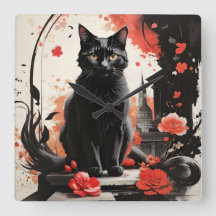 Aquarelle Black Chat Splatter Art Fleurs rouges