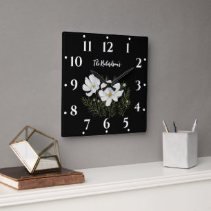 Horloge Carrée Aquarelle Blanc Cosmos Fleurs Peinture Botanique