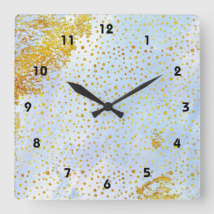 Horloge Carrée Aquarelle bleu clair et confetti en feuille d'or