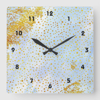 Horloge Carrée Aquarelle bleu clair et confetti en feuille d'or