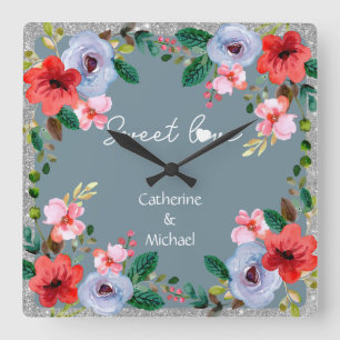 Horloge Carrée Aquarelle bleu Dusty Parties scintillant argent Fl