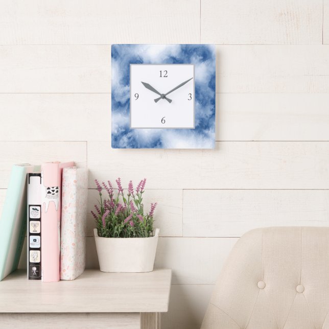Horloge Carrée Aquarelle bleu Indigo Abstraite (Salle de lecture)