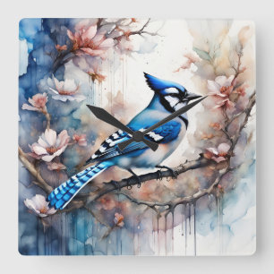 Horloge Carrée Aquarelle bleu Jay Cherry Blossoms