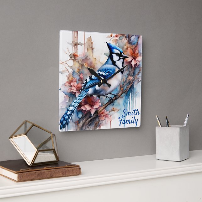 Horloge Carrée Aquarelle bleu Jay Cherry Blossoms (Bureau)