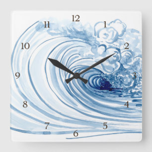 Horloge Carrée Aquarelle Bleu Vague Contemporain Décor Moderne