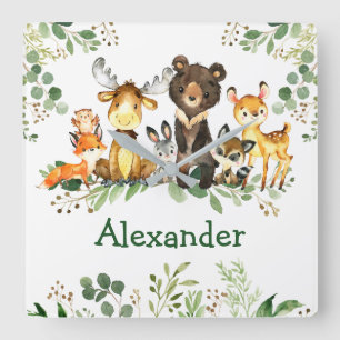 Horloge Carrée Aquarelle Bois Animaux forestiers