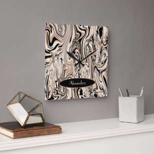 Horloge Carrée Aquarelle Brown  Black Motif personnalisé