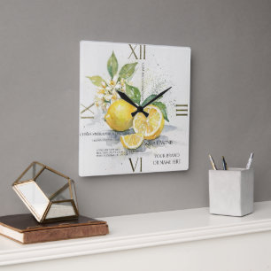 Horloge Carrée Aquarelle Citron Agrume Fruit Avec Fleurs
