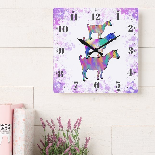 Horloge Carrée Aquarelle colorée de chèvre (Colorful cute goat watercolor illustration wall clock )