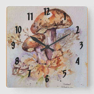 Horloge Carrée Aquarelle couleurs automne champignons