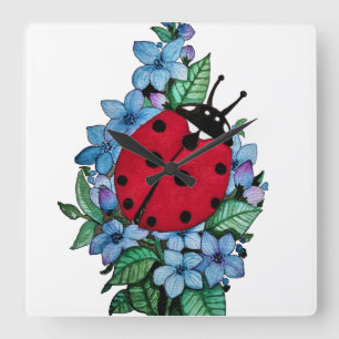 Horloge Carrée Aquarelle Cute Ladybird Avec Fleurs Bleues Sauvage